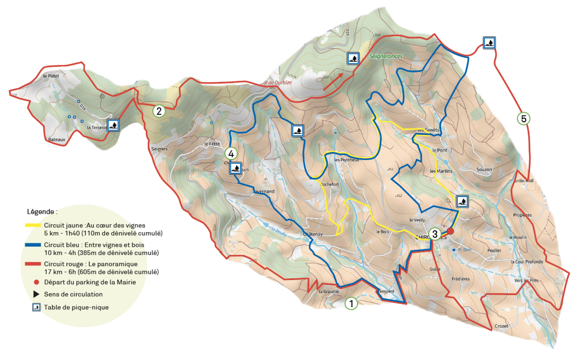 Carte des randonnées pédestres à Chiroubles